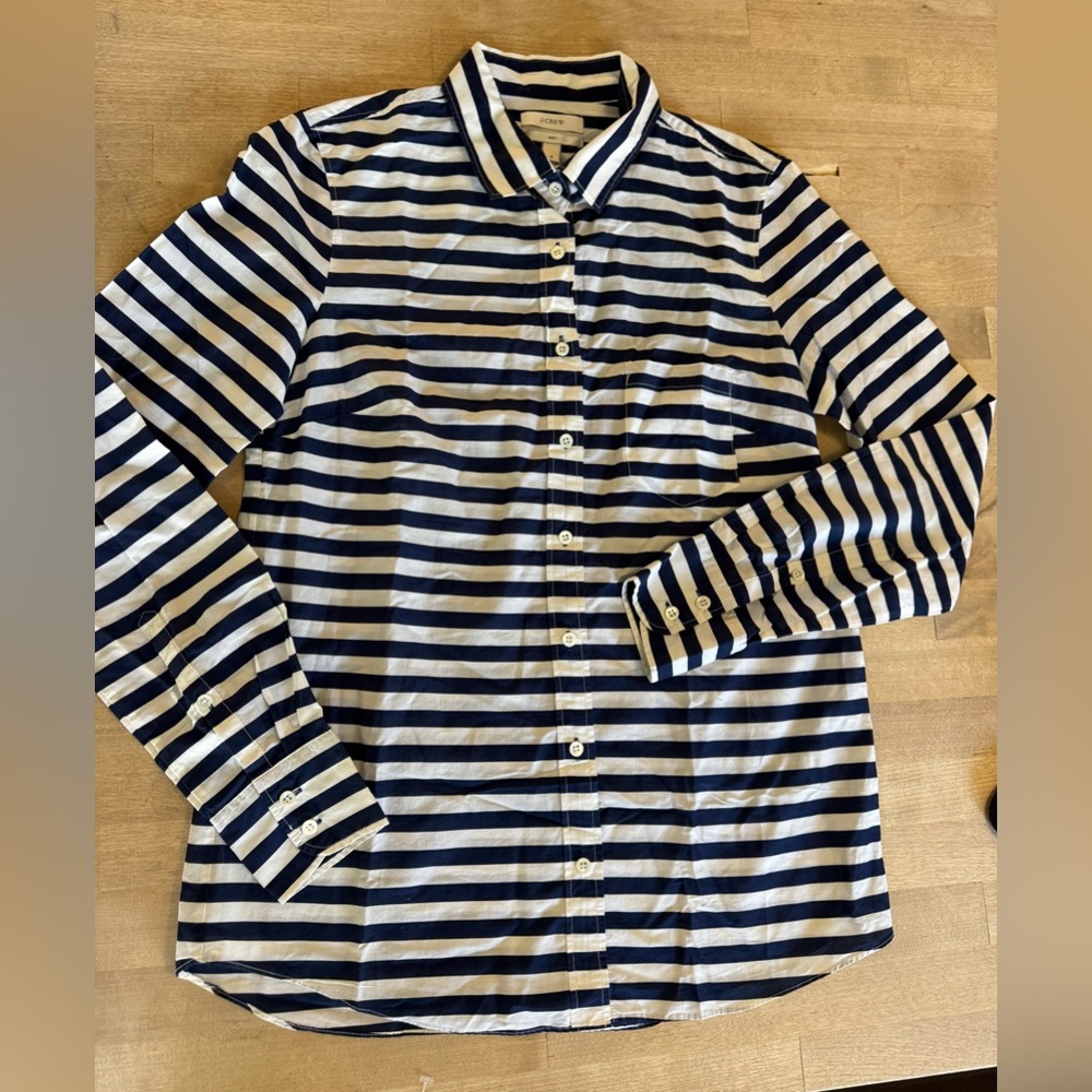 J. Crew Navy & White Striped “boy” Cotton Button-Down Shirt
